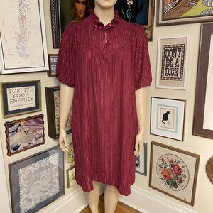 70s Vintage "Lady-Like" Burgundy Textured Puff Sleeve Midi Dress With Tie Neck